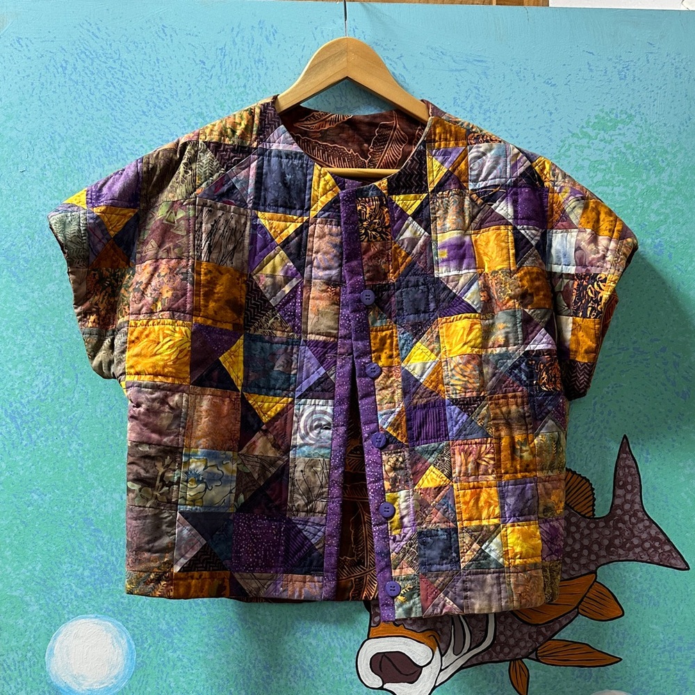 Vibrant Quilted Patchwork Button Down Vest- Purpl… - image 1